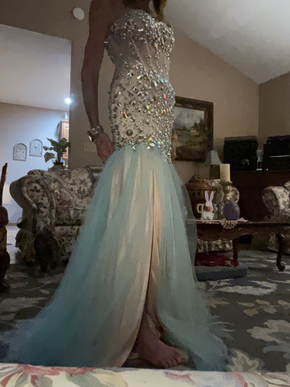 Crystal-Embellished Formal Dress in Light Pink With Teal Overla